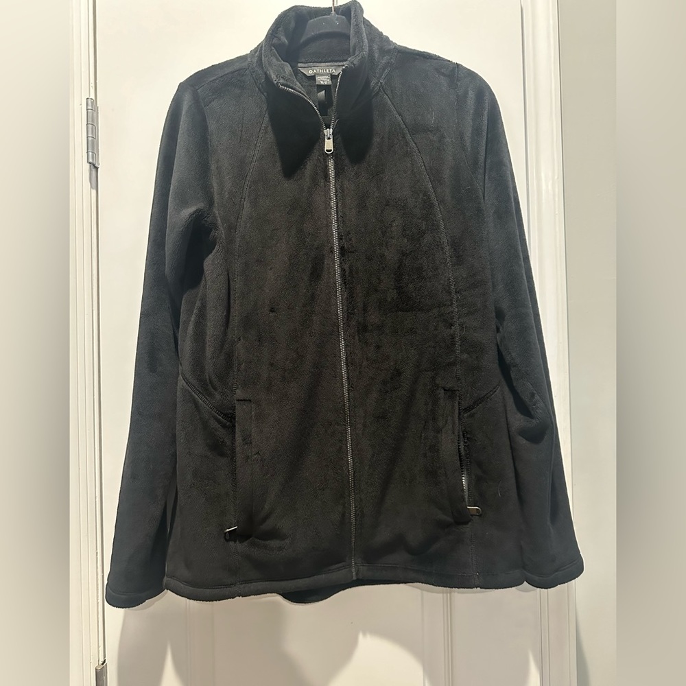 Athleta Recover Stretch Fleece Full Zipped Jacket size medium tall BLACK